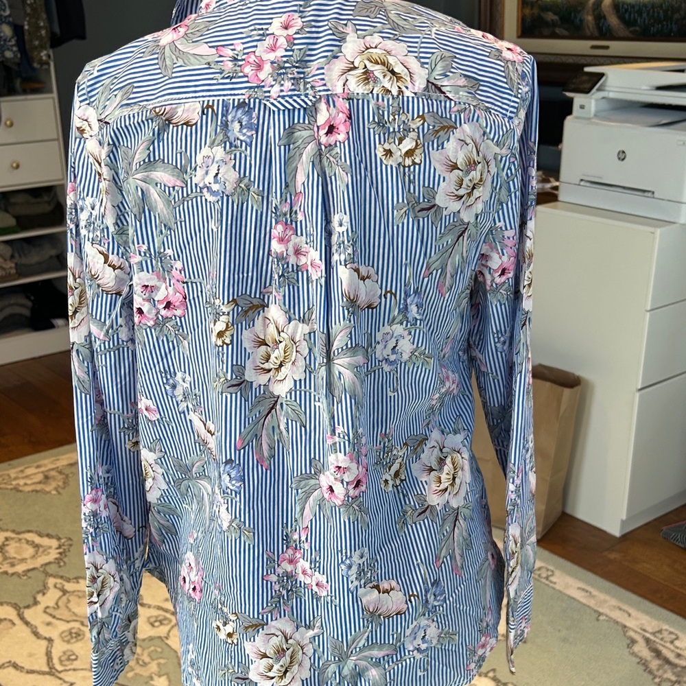 Talbots Blue and White Striped Button-Down Shirt with Pink Floral Print - Picture 4 of 4